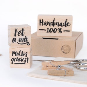 Etsy shop supply for handmade product packages, hand lettered stamp, artisan product package stamps, hand made text stamp, thank you stamp Català