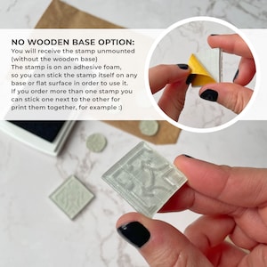 May include: A clear rubber stamp with a decorative design. The stamp is unmounted and has an adhesive backing. The text "NO WOODEN BASE OPTION: You will receive the stamp unmounted (without the wooden base) The stamp is on an adhesive foam, so you can stick the stamp itself on any base or flat surface in order to use it. If you order more than one stamp you can stick one next to the other for print them together, for example :)" is visible in the image.