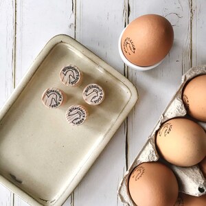 May include: Four wooden stamps with the text "Biterswits Eggs" on a light brown tray.  The stamps are arranged in a circle.  There are also six brown eggs in a white egg carton.