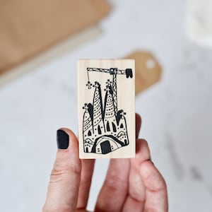 Sagrada Familia rubberen stempel moderne illustratie, Barcelona reisdagboekbenodigdheden, historisch doe-het-zelfdagboek, Sira Lobo stadsillustrator