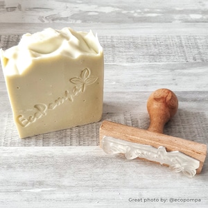 Custom logo soap stamp homemade soaps and cosmetics. Wooden handled stamp made of methacrylate. Made by biterswit.