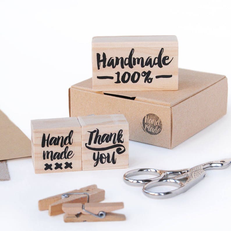 Etsy shop supply for handmade product packages, hand lettered stamp, artisan product package stamps, hand made text stamp, thank you stamp English