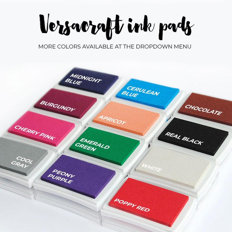 May include: Versacraft ink pads in a variety of colors, including midnight blue, cerulean blue, burgundy, apricot, cherry pink, emerald green, cool gray, peony purple, poppy red, chocolate, real black, and white.