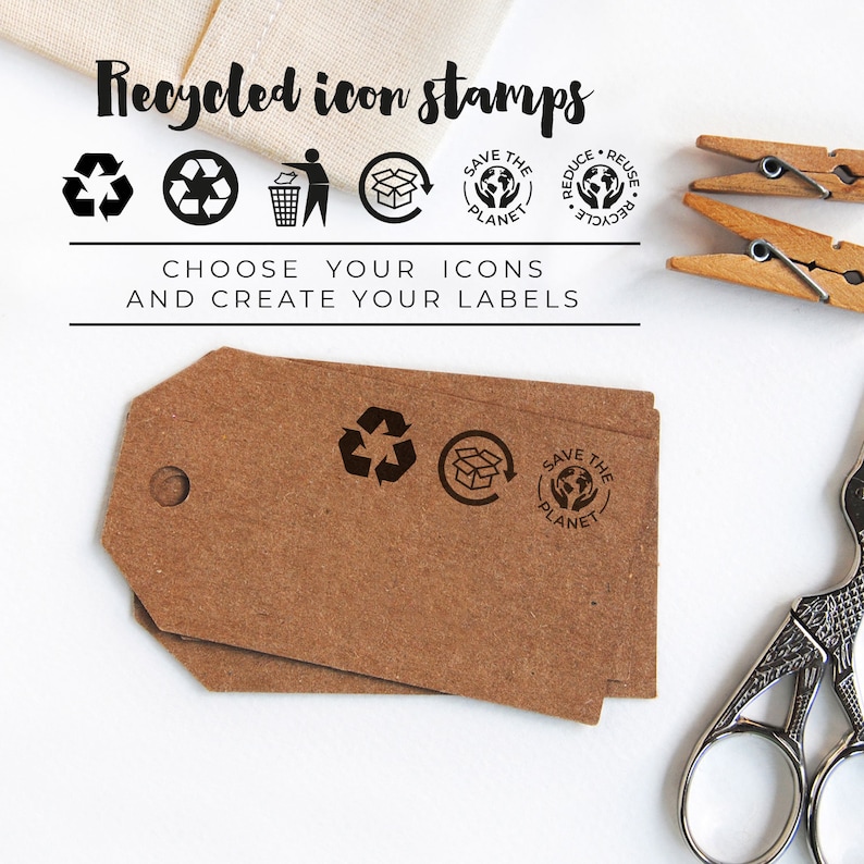 Related products: a collection of rubber stamps featuring different recycling symbols, including compostable, reusable, and eco-conscious icons. These sustainable stamps allow small businesses to mark their packaging with clear, environmentally friendly messages, ensuring customers know how to responsibly dispose of materials. Perfect for eco-conscious branding and sustainable product packaging.