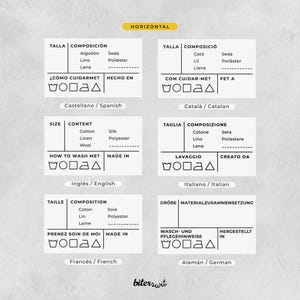 May include: A chart with instructions on how to care for clothing in different languages. The chart includes the words "Size", "Content", "How to Wash Me?", "Made In", "Talla", "Composici&oacute;n", "&iquest;C&oacute;mo Cuidarme?", "Hecho En", "Taglia", "Composizione", "Lavaggio", "Creato Da", "Taille", "Composition", "Prenez Soin de Moi", "Made In", "Gr&ouml;&szlig;e", "Materialzusammensetzung", "Wasch-und Pflegehinweise", "Hergestellt In".