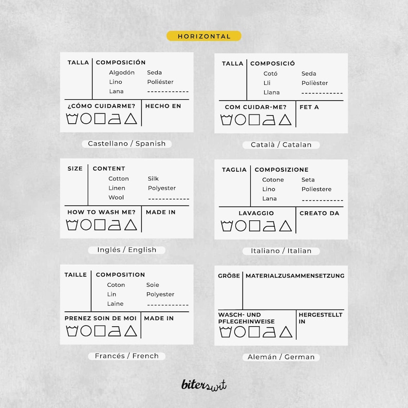May include: A chart with instructions on how to care for clothing in different languages. The chart includes the words "Size", "Content", "How to Wash Me?", "Made In", "Talla", "Composici&oacute;n", "&iquest;C&oacute;mo Cuidarme?", "Hecho En", "Taglia", "Composizione", "Lavaggio", "Creato Da", "Taille", "Composition", "Prenez Soin de Moi", "Made In", "Gr&ouml;&szlig;e", "Materialzusammensetzung", "Wasch-und Pflegehinweise", "Hergestellt In".
