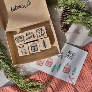 Rubberen kerststempelset voor doe-het-zelf Kerstkaarten, Prettige Kerstdagen en een gelukkig Nieuwjaar, knutselsets voor volwassenen
