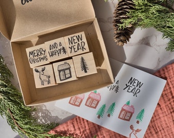 Christmas rubber stamp set for DIY Holiday greeting cards, Merry Christmas and a Happy New Year stamp kit, Christmas crafts kits for adults