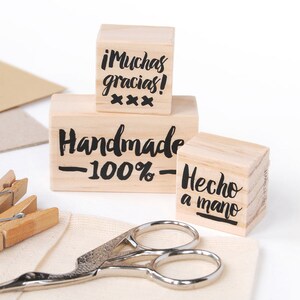 Etsy shop supply for handmade product packages, hand lettered stamp, artisan product package stamps, hand made text stamp, thank you stamp Castellano