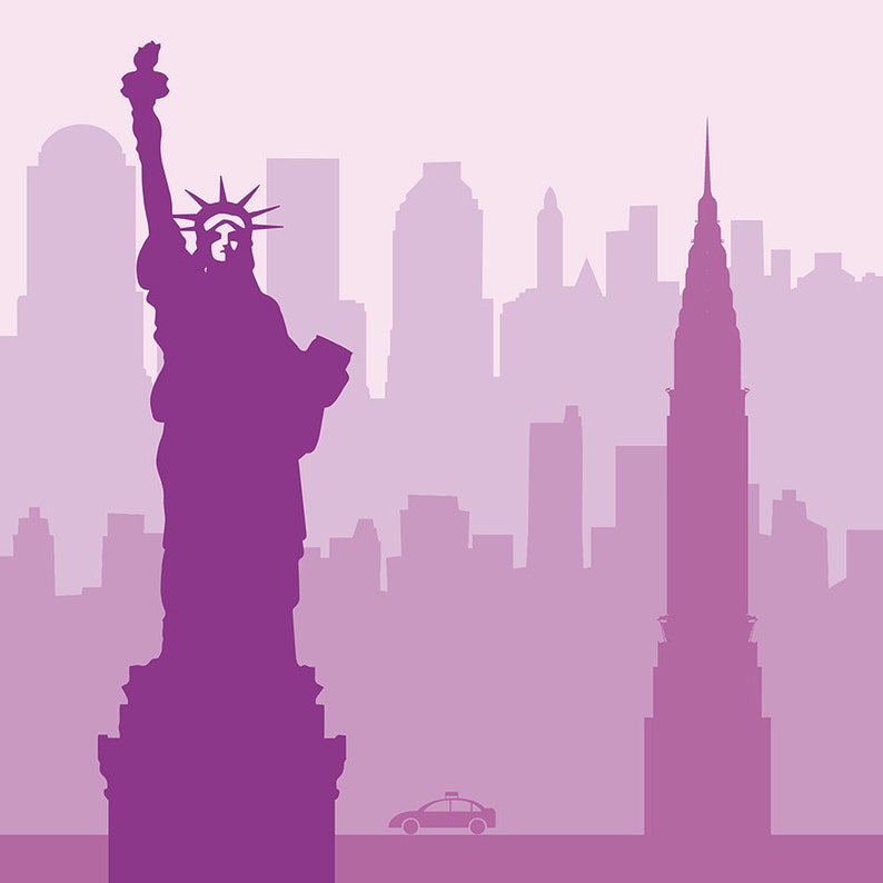 New York skyline printable, purple artwork, New York minimalist skyline wall art, manhattan skyline, Statue of Liberty minimal art print image 4