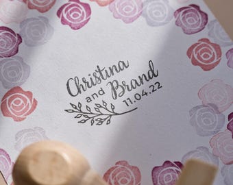 Botanical custom wedding stamp with names and date, Personalized boho wedding stationery