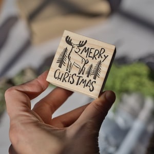 Tampon en caoutchouc joyeux Noël scandinave moderne avec sapin et élan, papeterie de vacances bricolage, travaux manuels de vacances pour emballer des cadeaux, fabrication de cartes