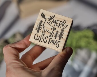 Moderner Weihnachtsstempel mit Tannenbaum und Elch, zum Basteln, zum Basteln, zum Basteln und für Geschenkverpackungen