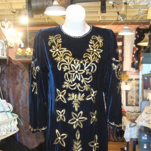 Vintage Midnight Blue Velvet Beaded Dress/Gold Beaded Floral/Size Small image 1