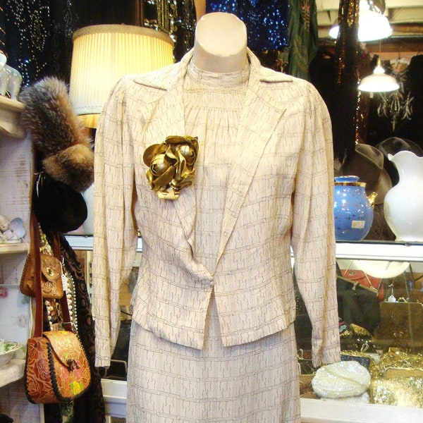 1930's 30's Ivory Textured Crepe and Metallic Gold Halter Dress and Jacket/Size Small