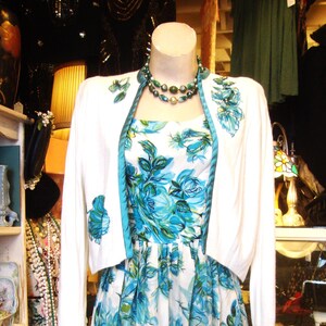 Vintage Early 1960&#39;s Silk Print Full Skirt Dress & Appliqued Sweater/Size Small