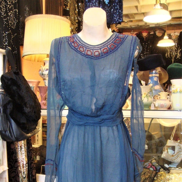 Authentic Antique Vintage Early to Mid 1920's Silk Georgette Beaded Flapper Dress/size XS-S/Needs Work/As Found