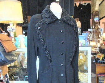 SALE!  Vintage 1930's 1940's Black Wool Princess Fit and Flare Coat with Persian Lamb Trim/size S/M