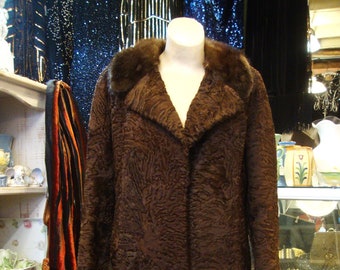 Vintage 1960's 1970's Brown Russian Broadtail and Mink Fur Coat/Small