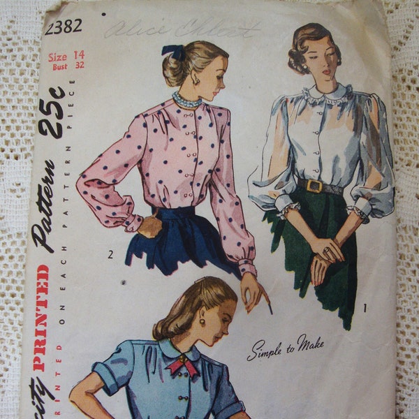 Vintage 1940's Simplicity Pattern #2382/Trio of Very Pretty Blouses/32" Bust