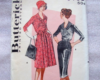 1950s Butterick Dress Pattern: Sheath or Pleated Skirt, Tie Neckline (Bust 36")