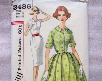 Vintage 1950's 1960's Simplicity Pattern 3486 Full or Slim Skirt Dress with Rounded Collar * 36 Bust