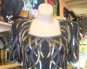 Top vintage anni '80 con paillettes e perline: camicetta da festa in seta Royal Feelings, taglia M