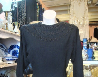 Vintage 1940's 40's Black Wool Dolman Sleeve Top con corpiño de cuentas