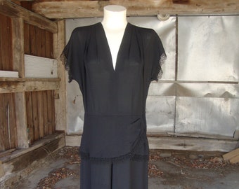 Vintage 1940's Black Rayon Dress with Hip Drape and Lace Trim/Size Medium to Large