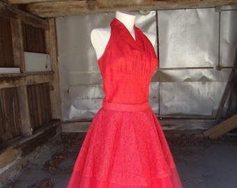 Vintage 1950's Red Lace and Tulle Halter Top and Full Skirt 2 Piece Dress-Small