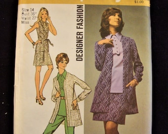 Patron Couture Vintage Simplicity 9829 - Chemisier & Cravate 1970 - Taille B36