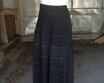 Vintage 1940's 1950's Black Rayon Crepe Flared Skirt with Satin Corded Trim