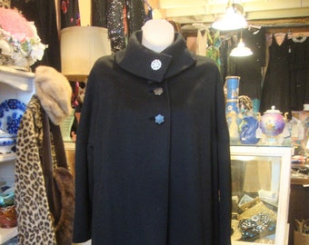 Vintage 1950's  50's Black Wool Swing Coat/Size Small