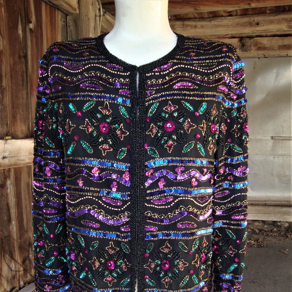 Vintage 1980's 1990's Beaded and Sequin Silk Trophy Jacket * Medium