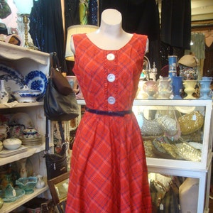 Vintage 1950s Plaid Cotton Dress: Red Blue Full Skirt, Medium