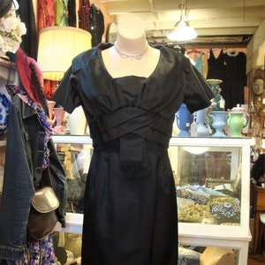 Vintage 1950&#39;s 50&#39;s Black Silk Sateen Cocktail Party Dress/Small/Wiggle Dress