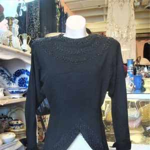 Vintage 1940&#39;s 40&#39;s Black Wool Dolman Sleeve Top with Beaded Bodice