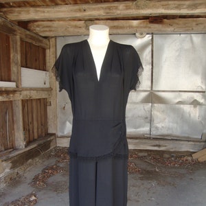 Vintage 1940&#39;s Black Rayon Dress with Hip Drape and Lace Trim/Size Medium to Large