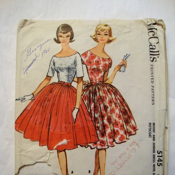 Vintage 1950's 1960's McCall's Sewing Pattern for Betty Draper Dress with Very Full Skirt and Petticoat * 34 Bust