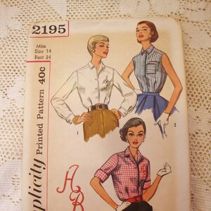 Vintage 1950&#39;s Simplicity Sewing Pattern #2195/Tailored Blouses Shirts/34&quot; Bust