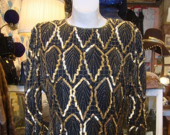 Vintage Laurence Kazar Black and Gold Silk Beaded and Sequin Trophy Top * Size Large