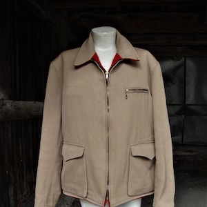 Vintage 1940's 1950's Tan Twill and Red Wool Reversible Back Belt Jacket Size 44 image 2