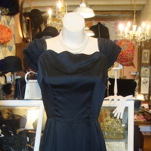 Vintage 1950&#39;s Black Satin and Chiffon Wiggle Dress * Small-Medium