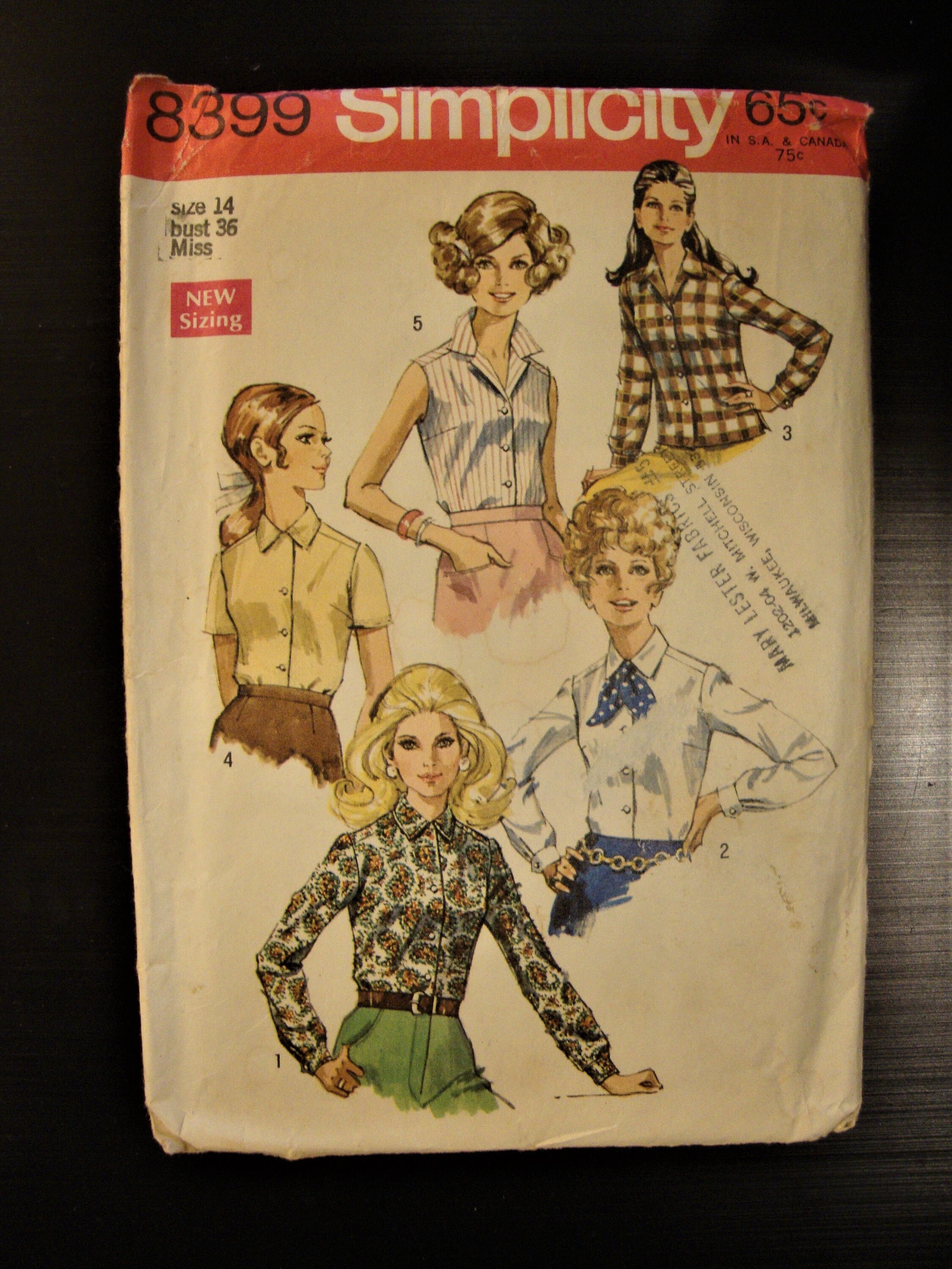 Simplicity 8399 vintage 1960s blouses sewing pattern Bust 36