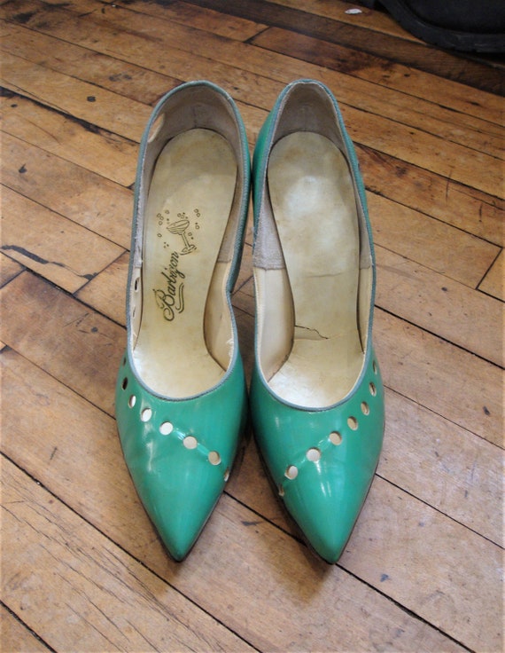 Vintage 1950's 1960's  Turquoise Shiny High Heels… - image 3