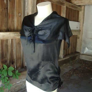 Vintage 1920&#39;s Black Satin Bertha Collar Sleeveless Blouse/Art Deco Seam Work/Size XS