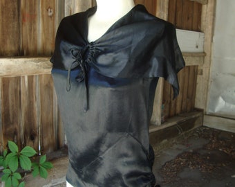 Vintage 1920's Black Satin Bertha Collar Sleeveless Blouse/Art Deco Seam Work/Size XS