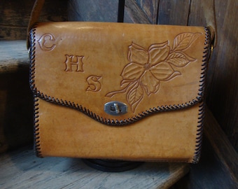 Vintage 1960's 1970's Hand Tooled Leather Large Shoulder Purse