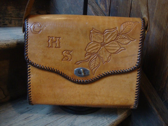 Vintage 1960's 1970's Hand Tooled Leather Large S… - image 1