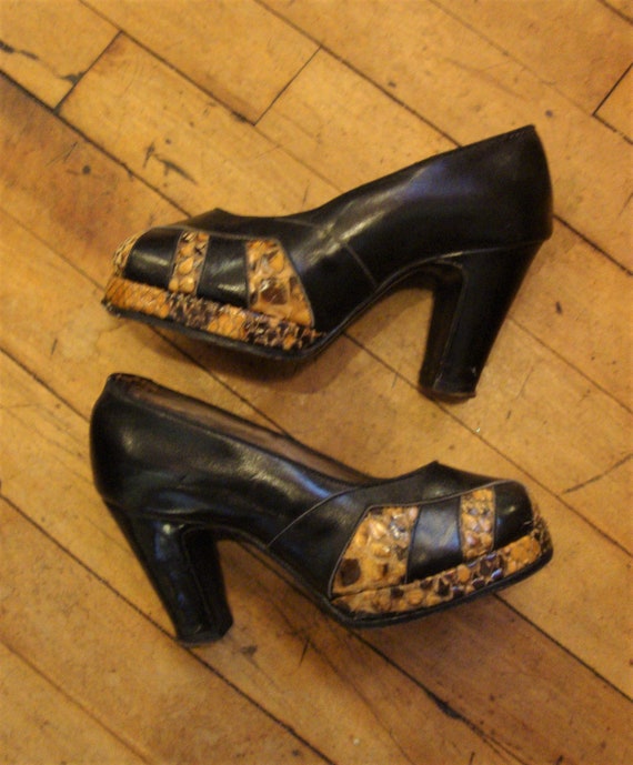 Vintage 1930 s 1940 s Leather and Snakeskin Platform High Heel Baby Doll Toe Pumps Shoes size 4.5 costume wwii Etsy